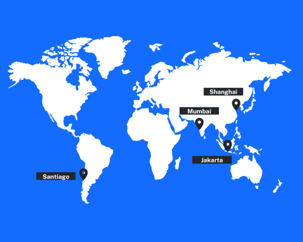 Map of the world with pins on Shanghai, Mumbai, Jakarta and Santiago